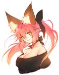  1girl animal_ears black_ribbon breasts casual cleavage collarbone fang fate_(series) fox_ears hair_ribbon large_breasts looking_at_viewer off_shoulder pink_hair ribbon simple_background solo tamamo_(fate)_(all) tamamo_no_mae_(fate) white_background yellow_eyes yunomitootya 