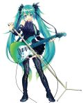  1girl :d bangs black_footwear black_shirt black_skirt blue_eyes blue_hair boots contrapposto detached_sleeves full_body gradient_hair green_hair guitar hair_between_eyes hair_ribbon hatsune_miku highres holding holding_instrument holding_microphone instrument long_hair looking_at_viewer microphone microphone_stand miniskirt multicolored_hair open_mouth renta_(deja-vu) ribbon shirt simple_background skirt sleeveless sleeveless_shirt smile solo standing thigh-highs thigh_boots twintails two-tone_hair very_long_hair vocaloid white_background 