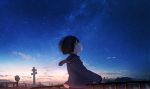  1girl bangs black_eyes black_hair clouds commentary_request from_side highres long_sleeves mifuru night night_sky original outdoors parted_lips railing road_sign school_uniform serafuku short_hair sign sky solo star_(sky) starry_sky sunset upper_body 