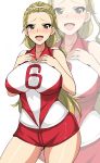 1girl blonde_hair breasts brown_eyes commentary cowboy_shot girls_und_panzer hair_pulled_back hairband hands_on_own_chest highres koujun_(mugenzero) large_breasts long_hair looking_at_viewer open_mouth red_shirt red_shorts sasaki_akebi shirt short_shorts shorts simple_background sleeveless sleeveless_shirt smile solo sportswear standing volleyball_uniform white_background white_hairband zoom_layer 