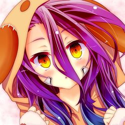  1girl blue_hair blush eyebrows_visible_through_hair gradient_hair hair_between_eyes highres hood long_hair mimi0846 multicolored_hair no_game_no_life open_mouth portrait purple_hair shuvi_(no_game_no_life) solo two-tone_hair yellow_eyes 