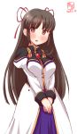  1girl black_hair brown_eyes commentary_request cosplay galaxy_angel hair_ribbon hands_together highres hiyou_(kantai_collection) kanon_(kurogane_knights) kantai_collection karasuma_chitose karasuma_chitose_(cosplay) long_hair look-alike looking_at_viewer military military_uniform open_mouth red_ribbon ribbon simple_background solo uniform white_background 