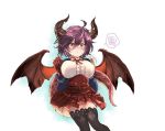  1girl ahoge black_legwear blush breasts brown_eyes claws clenched_hand dragon_horns dragon_tail dragon_wings granblue_fantasy grea_(shingeki_no_bahamut) hands_up horns koko_(hm142533) large_breasts looking_at_viewer pointy_ears purple_hair red_eyes red_skirt short_hair simple_background skirt solo standing sweatdrop tail wings 