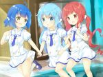  3girls artist_request blue_hair brown_eyes gochuumon_wa_usagi_desu_ka? hair_bobbles hair_ornament hairclip hand_holding highres jouga_maya kafuu_chino kneehighs locked_arms long_hair mary_janes multiple_girls natsu_megumi open_mouth red_eyes redhead running school_uniform serafuku shiraki_shiori shirt shoes short_hair short_twintails skirt smile twintails white_legwear white_shirt white_skirt 