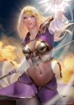  1girl armor artist_name banned_artist blonde_hair blue_eyes breasts cleavage collarbone cowboy_shot dated gold_trim half-closed_eyes halo holding jaina_proudmoore large_breasts lips long_hair looking_at_viewer midriff multicolored_hair navel parted_lips reaching_out realistic shrug_(clothing) signature silver_hair sky smile solo staff standing two-tone_hair warcraft world_of_warcraft zumi_(zumidraws) 