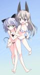  2girls :d :t animal_ears arm_grab bangs barefoot bikini black_bikini blue_bikini blue_eyes blue_hair blush breasts cat_ears cat_tail cleavage commentary eila_ilmatar_juutilainen eyebrows_visible_through_hair fox_ears full_body green_eyes highres leg_up long_hair looking_at_another looking_at_viewer looking_back medium_breasts multiple_girls open_mouth pout print_bikini sanya_v_litvyak short_hair silver_hair smile standing standing_on_one_leg strike_witches sweatdrop swimsuit tail take_shinobu thigh_gap world_witches_series yuri 