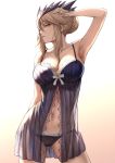  1girl arm_up armpits artoria_pendragon_(all) artoria_pendragon_(lancer_alter) babydoll bare_shoulders blonde_hair braid breasts collarbone double_bun fate/grand_order fate_(series) french_braid hair_between_eyes hand_in_hair highres lace lace-trimmed_panties large_breasts lingerie long_hair looking_at_viewer mashu_003 open_mouth panties parted_lips sidelocks simple_background solo standing underwear yellow_eyes 
