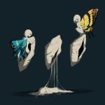  1boy 1girl 1other avogado6 blue_background butterfly_wings cocoon commentary looking_down lying muted_color nude on_stomach original pale_skin spot_color squatting wet wings 