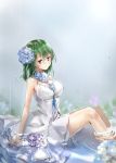  1girl alternate_costume bare_arms bare_shoulders blue_flower blue_ribbon breasts cleavage commentary_request crying crying_with_eyes_open dress eyebrows_visible_through_hair feet_out_of_frame flower green_hair hair_between_eyes hair_flower hair_ornament highres kazami_yuuka large_breasts long_hair looking_at_viewer purple_flower rain red_eyes ribbon shironeko_yuuki sitting solo spaghetti_strap tears thighs touhou water white_dress 