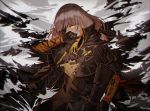  1girl assault_rifle bangs blonde_hair braid cloak corruption covering_mouth eyepatch floating_hair girls_frontline gloves gun hand_up holding holding_gun holding_weapon jacket long_hair m16a1 m16a1_(girls_frontline) mole mole_under_eye multicolored_hair necktie rifle sangvis_ferri scar shirt silence_girl single_braid solo spoilers streaked_hair torn_clothes weapon white_hair wind wind_lift 