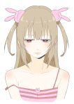  1girl absurdres bangs blush breasts bunny_hair_ornament cleavage closed_mouth collarbone donguri_suzume dress hair_ornament highres light_brown_hair long_hair natori_sana red_eyes sana_channel solo striped striped_dress two_side_up virtual_youtuber 