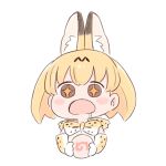  +_+ 1girl animal_ears batta_(ijigen_debris) blonde_hair blush bow bowtie brown_eyes chibi commentary_request drooling elbow_gloves food gloves japari_bun japari_symbol kemono_friends looking_at_viewer open_mouth serval_(kemono_friends) serval_ears serval_print short_hair simple_background solo white_background 