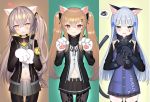  animal_ears bangs black_jacket black_ribbon blue_hair blush brown_hair cat_ears clothes_lift dress_shirt eyebrows_visible_through_hair fake_animal_ears fang girls_frontline green_eyes grey_skirt hair_between_eyes hair_ornament heart heart-shaped_pupils highres hk416_(girls_frontline) jacket lifted_by_self long_hair long_sleeves looking_at_viewer nasal navel neck_ribbon open_clothes open_jacket open_mouth pantyhose pleated_skirt red_eyes ribbon scar scar_across_eye shirt sidelocks simple_background skirt solo standing stomach straight_hair symbol-shaped_pupils tail thigh-highs thigh_strap tttanggvl twintails ump45_(girls_frontline) ump9_(girls_frontline) uniform very_long_hair white_shirt yellow_eyes 