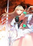  1girl absurdres armor bangs blonde_hair breasts dress earrings gloves green322 hand_on_hip highres mythra_(xenoblade) jewelry large_breasts long_hair sword tiara weapon xenoblade_(series) xenoblade_2 yellow_eyes 