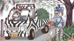  2girls adapted_costume animal_ears animal_print black_gloves black_hair blue_shirt breast_poke brown_eyes collared_shirt commentary driving eighth_note extra_ears gloves goggles grevy&#039;s_zebra_(kemono_friends) grey_shirt ground_vehicle hat kemono_friends license_plate long_hair long_sleeves mojibake_commentary motor_vehicle multicolored_hair multiple_girls musical_note necktie outdoors plains_zebra_(kemono_friends) poking shirt short_over_long_sleeves short_sleeves steering_wheel tail tanaka_kusao tree truck two-tone_hair weeds white_hair zebra_ears zebra_print zebra_tail 
