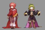 2girls bare_shoulders belt bigglyboof blue_eyes boots cape closed_mouth cosplay fire_emblem fire_emblem:_akatsuki_no_megami fire_emblem:_kakusei fire_emblem:_rekka_no_ken fire_emblem_heroes fire_emblem_if green_hair grey_background hairband headband highres hood hood_down multiple_girls my_unit my_unit_(cosplay) my_unit_(fire_emblem:_kakusei) nino_(fire_emblem) oversized_clothes pink_hair red_eyes red_headband robe sakura_(fire_emblem_if) sanaki_kirsch_altina sanaki_kirsch_altina_(cosplay) shawl short_hair simple_background sleeves_past_fingers sleeves_past_wrists smile standing 
