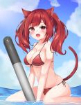  1girl animal_ears artist_request azur_lane blush breasts cat_ears cat_tail cleavage collarbone commentary fang highres i-19_(azur_lane) large_breasts looking_at_viewer ocean open_mouth red_eyes redhead seiza sitting sky solo string_bikini swimsuit tail torpedo twintails water 