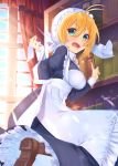  1girl absurdres antenna_hair apron ayamori_mimi blonde_hair book bookshelf breasts dress eyebrows_visible_through_hair frills green_eyes hair_between_eyes highres large_breasts long_sleeves looking_at_viewer maid maid_apron open_mouth puffy_sleeves solo tsurumaki_maki voiceroid 