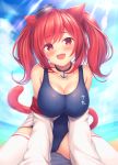  1girl :d animal_ears azur_lane bare_shoulders beach breasts cat_ears cat_tail choker cleavage commentary_request covered_navel fang highres horizon i-19_(azur_lane) large_breasts lens_flare light_rays looking_at_viewer mutsuba_fumi off_shoulder open_mouth red_eyes redhead school_swimsuit skindentation sleeves_past_fingers sleeves_past_wrists smile solo swimsuit tail thigh-highs twintails white_legwear 