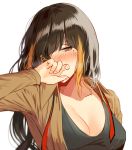  1girl bangs blonde_hair blush braid breasts brown_hair cleavage covering_mouth eyepatch girls_frontline half-closed_eye hand_up jacket long_hair looking_at_viewer m16a1_(girls_frontline) medium_breasts mole mole_under_eye multicolored_hair necktie open_clothes silence_girl simple_background solo streaked_hair tank_top undone_necktie upper_body white_background 