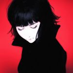  1girl bangs black_hair blunt_bangs closed_eyes closed_mouth commentary english_commentary highres ilya_kuvshinov original red_background short_hair solo white_skin 