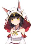  1girl absurdres animal_ears artist_request azur_lane bare_shoulders black_hair commentary_request highres hood japanese_clothes kimono looking_at_viewer nagato_(azur_lane) short_hair simple_background smile solo uchikake upper_body white_background yellow_eyes 