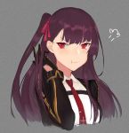  1girl :t bangs blazer blush breasts collared_shirt commentary_request cropped_torso eyebrows_visible_through_hair girls_frontline gloves hair_ribbon half_updo hand_in_hair highres jacket large_breasts long_hair long_sleeves looking_at_viewer necktie oka_ball one_side_up pout puffed_cheeks purple_hair red_eyes red_neckwear ribbon shirt sidelocks simple_background solo striped striped_shirt tsundere tsurime very_long_hair wa2000_(girls_frontline) white_shirt 
