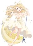  1girl ;o artist_name bare_shoulders barefoot blonde_hair blue_eyes breasts carrying cleavage dress eyebrows_visible_through_hair full_body hairband highres large_breasts looking_at_viewer one_eye_closed original shiratama_akane solo spaghetti_strap star white_dress white_hairband 