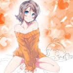  1girl barefoot bed_sheet blue_eyes blush breasts brown_hair cleavage collarbone eyebrows_visible_through_hair hair_between_eyes head_tilt heart highres love_live! love_live!_sunshine!! naked_sweater orange_sweater short_hair sitting small_breasts smile solo sweater watanabe_you white_feathers zero-theme 