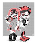  1boy 1girl arm_rest bike_shorts boots coral cup disposable_cup fangs full_body hakinikui_kutsu_no_mise halftone helmet inkling kelp leggings legs_crossed legwear_under_shorts limited_palette long_hair night_vision_device open_mouth shoes shorts smile sneakers spiky_hair splatoon splatoon_2 tentacle_hair tongue tongue_out 