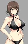  1girl adjusting_clothes adjusting_swimsuit bangs blush breasts brown_eyes brown_hair cleavage closed_mouth commentary front-tie_bikini front-tie_top girls_und_panzer grey_background highres koujun_(mugenzero) large_breasts light_frown looking_to_the_side navel nishizumi_maho short_hair simple_background solo standing swimsuit upper_body 