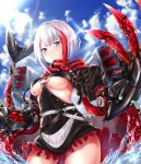  1girl admiral_graf_spee_(azur_lane) agibe azur_lane bangs belt black_dress black_legwear blue_eyes blunt_bangs blush breasts closed_mouth day dress eyebrows_visible_through_hair hands_up highres in_water looking_at_viewer machinery multicolored_hair necktie o-ring outdoors red_neckwear red_scarf redhead rigging scarf short_hair short_sleeves sidelocks silver_hair small_breasts solo splashing streaked_hair under_boob wat water_drop 
