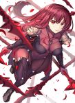  1girl akae_neo black_footwear bodysuit boots fate/grand_order fate_(series) full_body gae_bolg gloves highres impossible_bodysuit impossible_clothes long_hair looking_at_viewer parted_lips pauldrons petals polearm purple_bodysuit purple_hair red_eyes scathach_(fate/grand_order) simple_background solo spear thigh-highs thigh_boots weapon white_background 