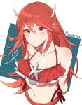  1girl bare_shoulders bikini blush fire_emblem fire_emblem:_kakusei fire_emblem_heroes hair_ornament highres looking_at_viewer navel nekolook red_eyes red_swimsuit redhead simple_background solo starfish swimsuit cordelia_(fire_emblem) upper_body white_background 