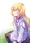  1girl black_legwear blonde_hair collet_brunel day from_side green_eyes hair_between_eyes highres jewelry long_hair looking_at_viewer necklace one_eye_closed outdoors shiny shiny_clothes sitting solo tales_of_(series) tales_of_symphonia tenkuu_nozora tongue tongue_out white_background 