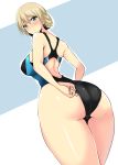  1girl adjusting_clothes adjusting_swimsuit arm_behind_back ass bangs black_swimsuit blonde_hair blue_eyes blush braid closed_mouth commentary competition_swimsuit cowboy_shot darjeeling eyebrows_visible_through_hair from_behind frown girls_und_panzer highres koujun_(mugenzero) looking_at_viewer looking_back one-piece_swimsuit short_hair simple_background solo standing swimsuit tied_hair twin_braids white_background 