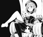  barefoot black_background blush breasts commentary_request detached_collar fate/grand_order fate_(series) hat helena_blavatsky_(fate/grand_order) monochrome short_hair single_thighhigh sitting small_breasts smile sumisu_(mondo) sweat thigh-highs throne 