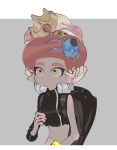  1boy 1girl afro agent_8 asymmetrical_sleeves black_shirt carrying grey_background hime_(splatoon) octarian octoling ows28888888 pointy_ears redhead shirt short_hair shoulder_carry simple_background splatoon splatoon_2 splatoon_2:_octo_expansion squidbeak_splatoon tag tentacle_hair turtleneck yellow_eyes 