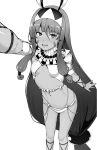  1girl :d absurdly_long_hair ankle_lace-up blush breasts commentary_request cross-laced_footwear dark_skin facial_mark fate/grand_order fate_(series) hair_between_eyes highres long_hair low-tied_long_hair monochrome navel nitocris_(fate/grand_order) open_mouth reaching_out self_shot sidelocks simple_background small_breasts smile solo sumisu_(mondo) under_boob usekh_collar very_long_hair white_background 
