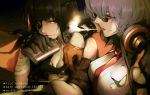  2girls armband bandage bandaged_arm bangs black_hair blonde_hair braid breasts brown_eyes cigarette cleavage commentary_request drinking elbow_rest eyepatch flask girls_frontline glasses gloves headphones holding holding_cigarette holding_flask large_breasts long_hair looking_at_another m16a1_(girls_frontline) mole mole_under_eye multicolored_hair multiple_girls necktie parted_lips red_eyes reroi revision scar shirt short_hair silver_hair smile smoking streaked_hair sunglasses thompson_submachine_gun_(girls_frontline) torn_clothes 