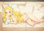  1girl absurdres bangs bare_shoulders bikini blonde_hair bow breasts choker couch detexted drill_hair eromanga_sensei gloves hair_ribbon highres long_hair looking_at_viewer lying navel on_side ooyari_ashito parted_bangs petite pillow pink_eyes pointy_ears ribbon ribbon_choker scan shiny shiny_skin side-tie_bikini skindentation small_breasts solo stitched sweatdrop swimsuit third-party_edit white_bikini white_gloves yamada_elf 