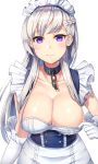  1girl absurdres apron arm_at_side azur_lane bangs belfast_(azur_lane) blush braid breasts chains cleavage closed_mouth collar collarbone commentary_request corset eyebrows_visible_through_hair french_braid frilled_apron frilled_gloves frills gloves highres large_breasts long_hair looking_at_viewer maid_apron maid_headdress rangen shiny shiny_hair shiny_skin silver_hair simple_background smile solo very_long_hair violet_eyes white_apron white_background white_gloves 