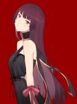  1girl alternate_costume alternate_hairstyle arm_across_waist arm_ribbon bangs bare_shoulders black_dress black_gloves blunt_bangs blush breasts closed_mouth cowboy_shot dress from_side girls_frontline gloves head_tilt jewelry long_hair looking_at_viewer medium_breasts oka_ball purple_hair red_background red_eyes ribbon sidelocks simple_background solo tsurime very_long_hair wa2000_(girls_frontline) 