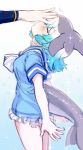 blue_background blue_hair blush choker closed_eyes common_bottlenose_dolphin_(kemono_friends) dolphin_tail eyebrows_visible_through_hair fins from_side gradient gradient_background grey_hair head_fins kemono_friends multicolored_hair petting sailor_collar short_sleeves sparkle tail tail_fin tanaka_kusao white_background white_choker white_hair