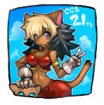  1girl :3 alicia_priss animal_ears armlet bangs bare_arms bare_shoulders black_hair blonde_hair blush border breasts cat_ears cat_tail cleavage closed_mouth clouds dakusuta dark_skin eyebrows_visible_through_hair frame furry gloves hand_on_another&#039;s_head highres long_hair looking_at_viewer midriff multicolored_hair navel sky smile solo_focus tail tail_concerto two-tone_hair v 
