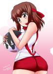  1girl artist_name ass ball bangs brown_eyes brown_hair character_print closed_mouth commentary_request cowboy_shot dated from_behind fujimaru_arikui girls_und_panzer headband holding isobe_noriko kondou_taeko looking_to_the_side red_headband red_shirt red_shorts shirt short_hair short_shorts shorts sleeveless sleeveless_shirt smile solo sportswear standing volleyball_uniform 