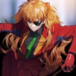  1girl adapted_costume artist_name bangs black_shirt blue_eyes bodysuit collared_shirt dress_shirt eyepatch green_neckwear headgear leaning_back long_hair looking_at_viewer necktie neon_genesis_evangelion orange_hair pants rebuild_of_evangelion red_bodysuit red_pants red_suit shirt sitting solo souryuu_asuka_langley sukja very_long_hair 