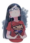  1girl black_hair blue-framed_eyewear blue_eyes breasts eyebrows_visible_through_hair fingers_together glasses head_tilt large_breasts long_hair looking_at_viewer ontama original own_hands_together parted_lips print_shirt shirt simple_background solo t-shirt tareme 
