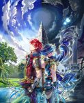  1boy 1girl adol_christin back-to-back blue_hair blue_sky breasts brown_eyes closed_eyes clouds cowboy_shot dana_(ys) day floating_hair from_side hair_ribbon highres holding holding_sword holding_weapon long_hair looking_up midriff moon navel night official_art outdoors redhead ribbon short_sleeves sky small_breasts star_(sky) starry_sky stomach sword thigh-highs twintails under_boob very_long_hair water weapon white_ribbon ys ys_viii_lacrimosa_of_dana 