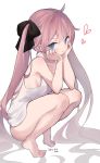  1girl :q ahoge bangs bare_arms bare_legs bare_shoulders barefoot black_bow blue_eyes blush bow breasts chin_rest dated eyebrows_visible_through_hair hair_bow heart long_hair looking_at_viewer mimelond original pink_hair sideboob signature simple_background small_breasts solo squatting tank_top tongue tongue_out twintails very_long_hair white_background white_tank_top 